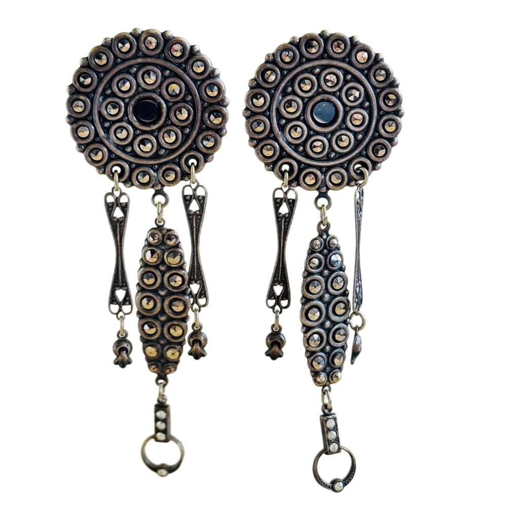 Banana Bob Art Deco Revival Earrings Long Dangle Pyrite Statement Victorian Clip